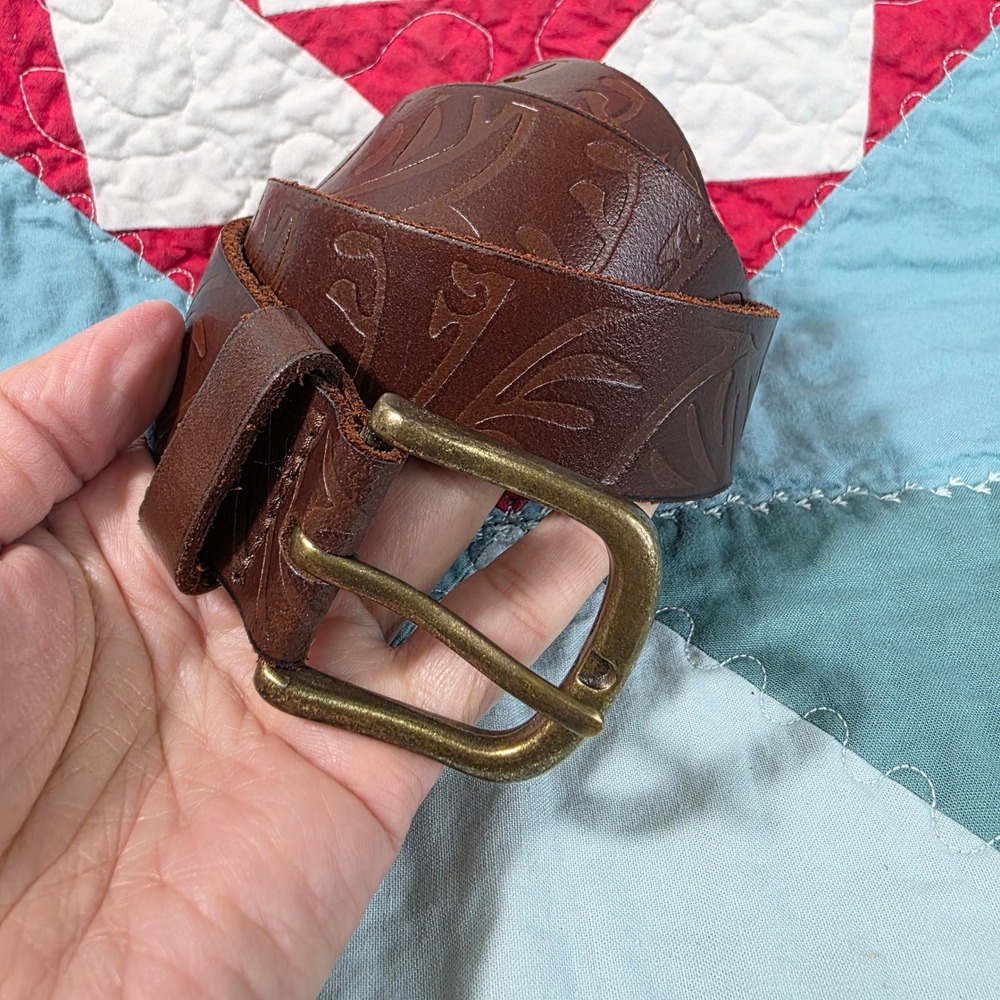 Leather Belt Womens S/M Brown Good Embossed Floral Western Fits 31-35" Waist
